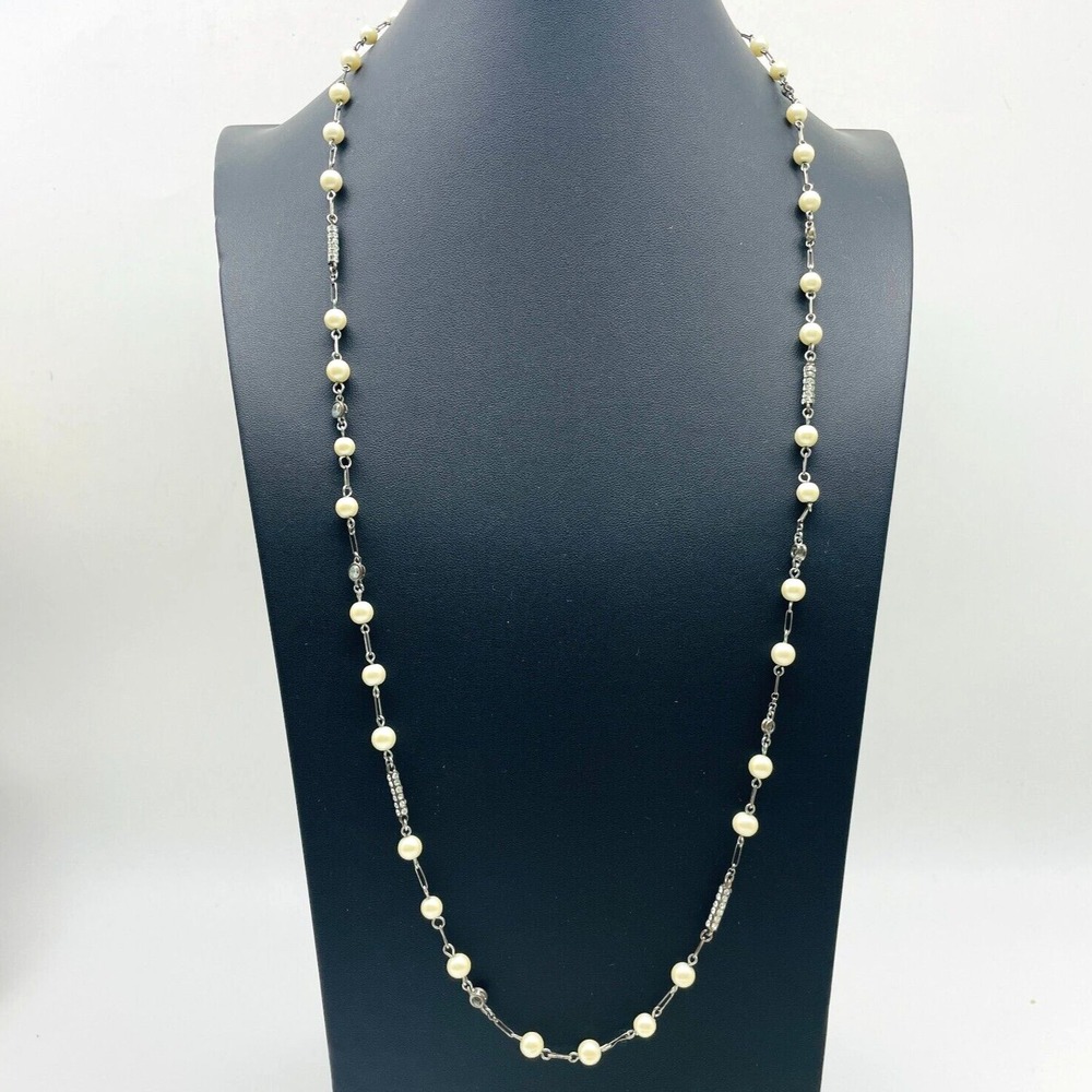 CAROLEE Signed Faux Pearl Black Bead Necklace Gold Tone Long Station Strand
